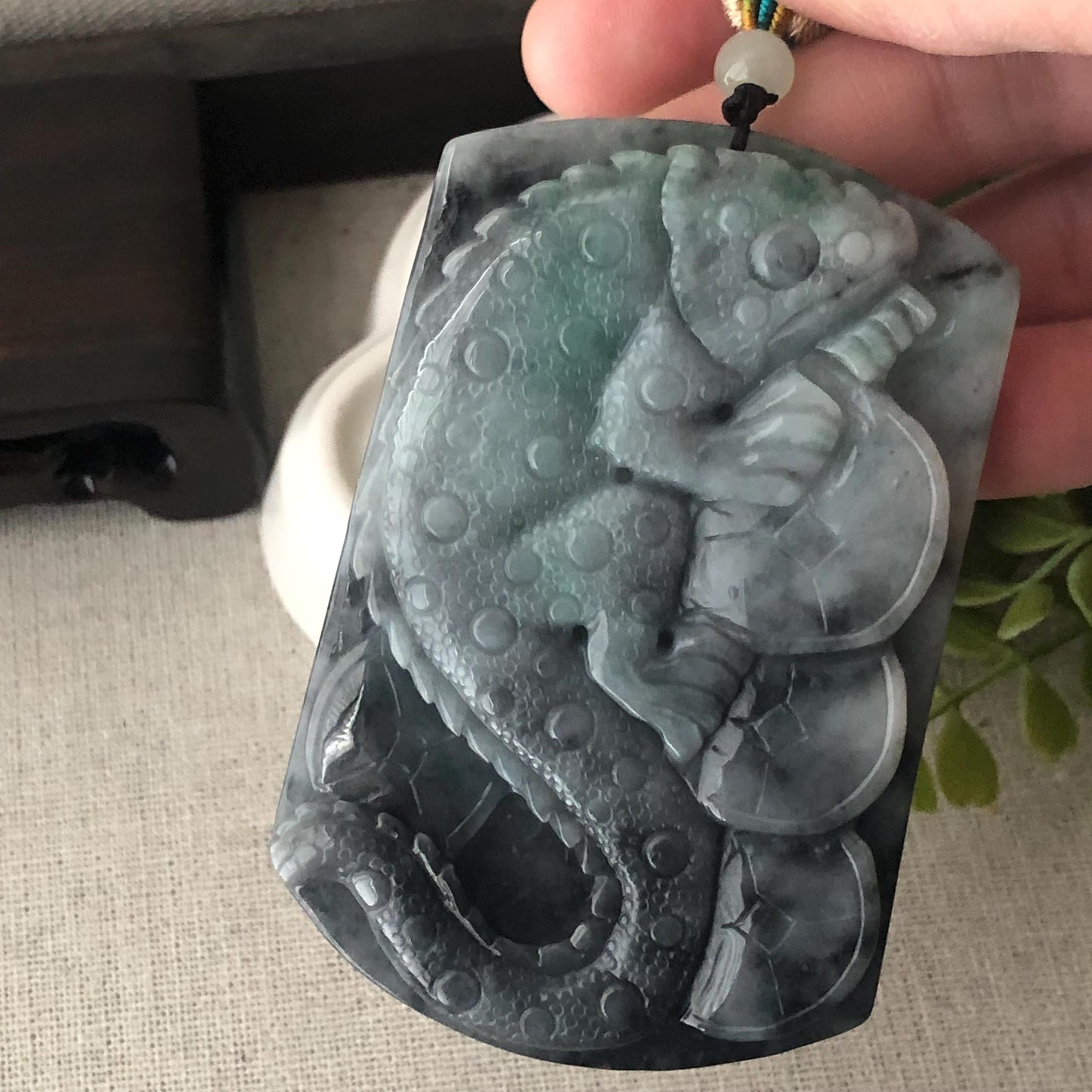 74mm Wuji Green Jadeite Jade Carved Lizard Lucky Coin Pendant