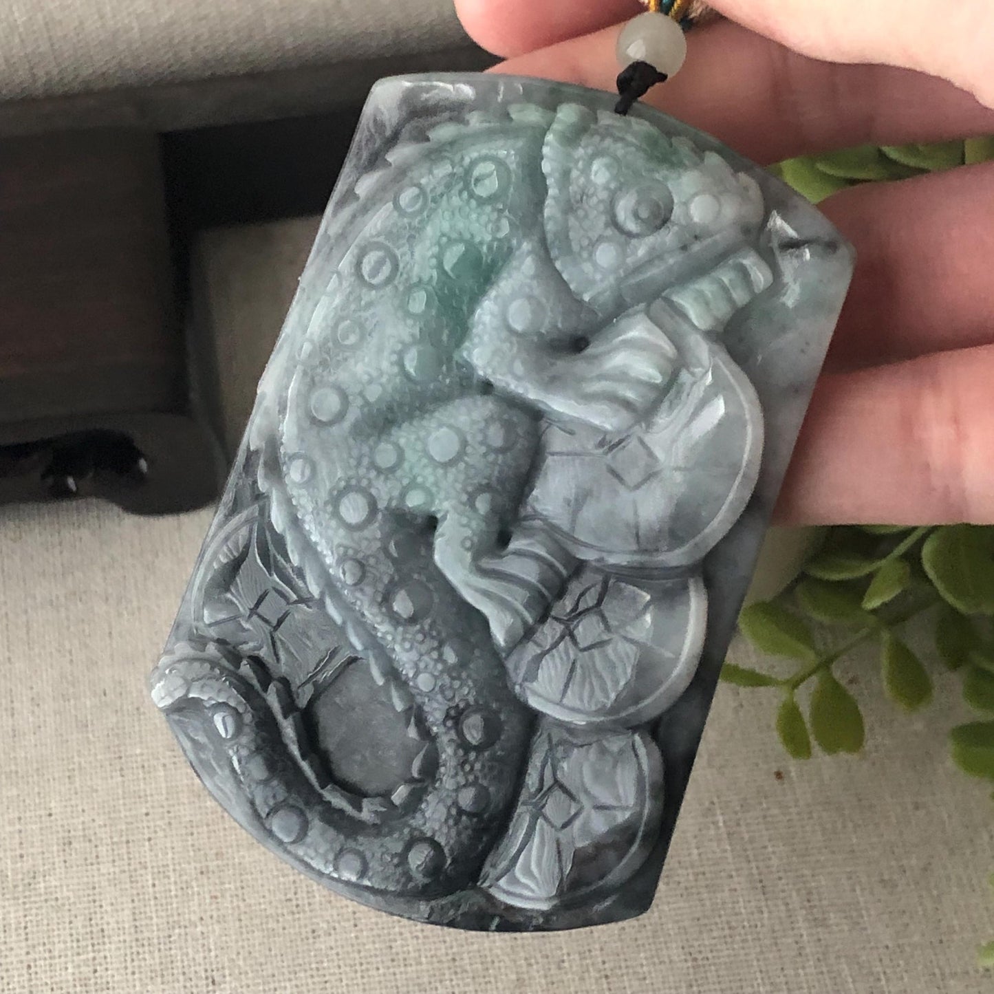 74mm Wuji Green Jadeite Jade Carved Lizard Lucky Coin Pendant