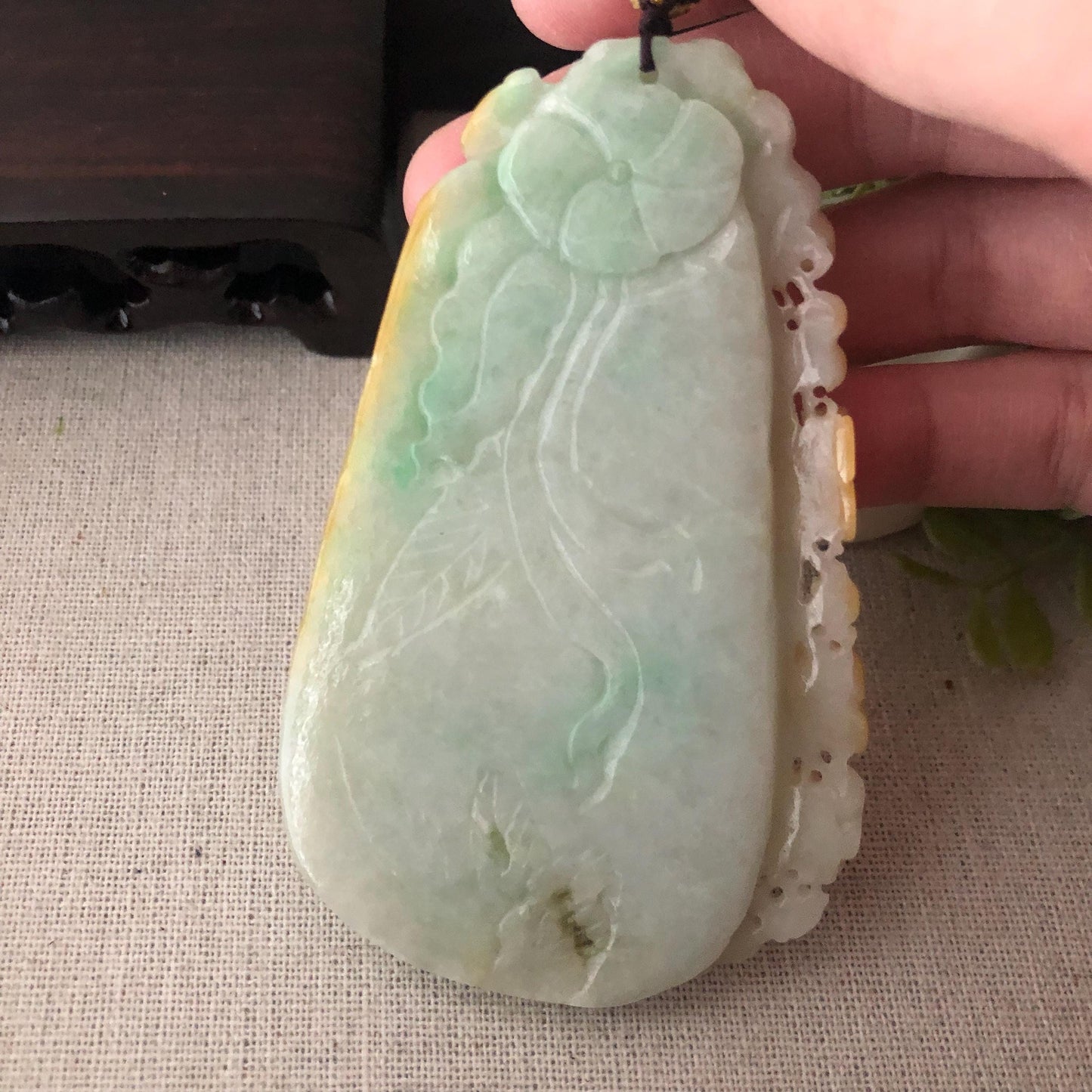 85 mm Green Yellow Jadeite Jade Carved Landscape Trees Mountain Pendant