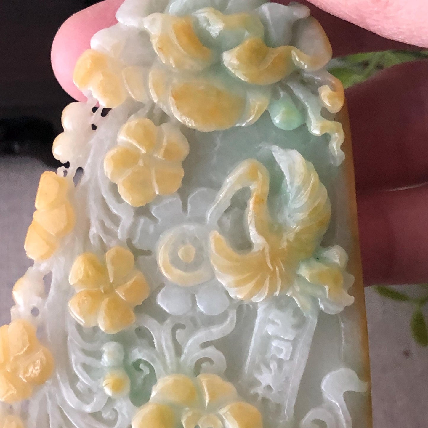 85 mm Green Yellow Jadeite Jade Carved Landscape Trees Mountain Pendant