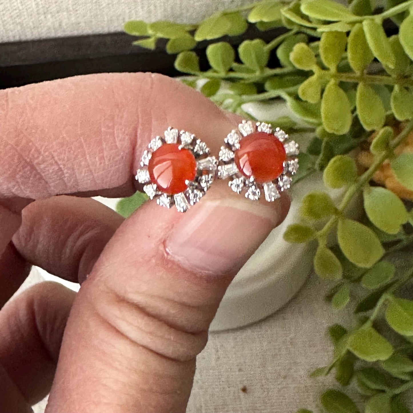 925 Silver Round Cabochon Red Translucent Jadeite Jade Stud Earring