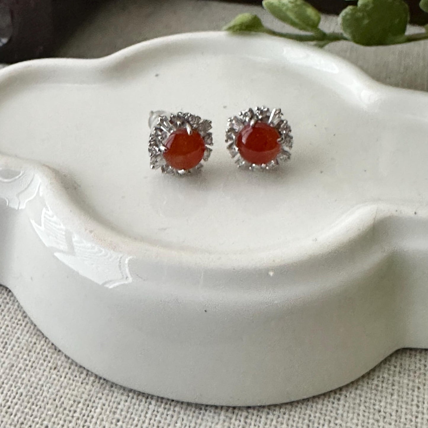 925 Silver Round Cabochon Red Translucent Jadeite Jade Stud Earring