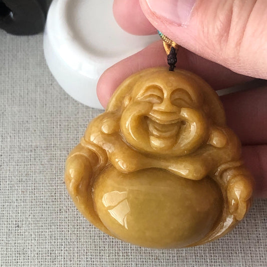43.6 mm Yellow Brown Jadeite Jade Happy Buddha Pendant