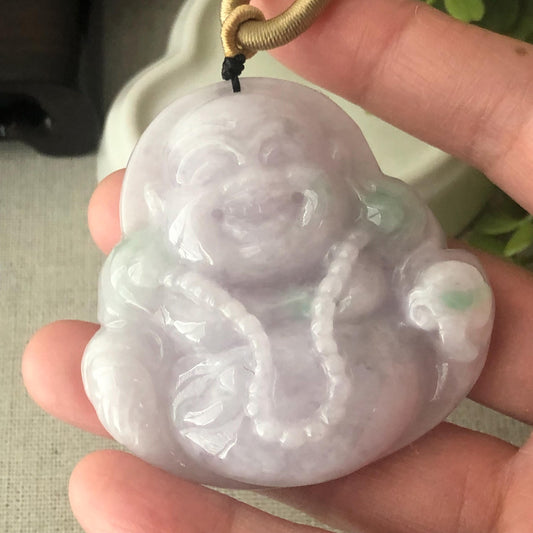 54 mm Light Lavender Green Jadeite Jade Carved Happy Buddha Pendant