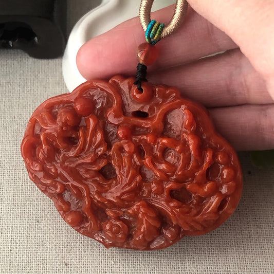63.8 mm Red Brown Jadeite Jade Carved Flower Phoenix Pendant