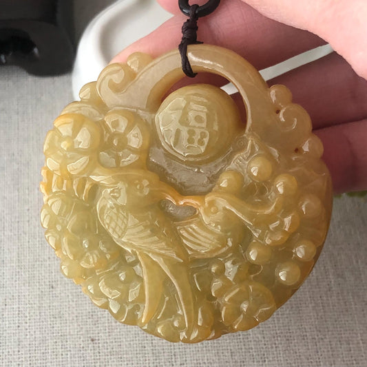55 mm Icy Yellow Brown Jadeite Jade Carved Flower Phoenix Pendant