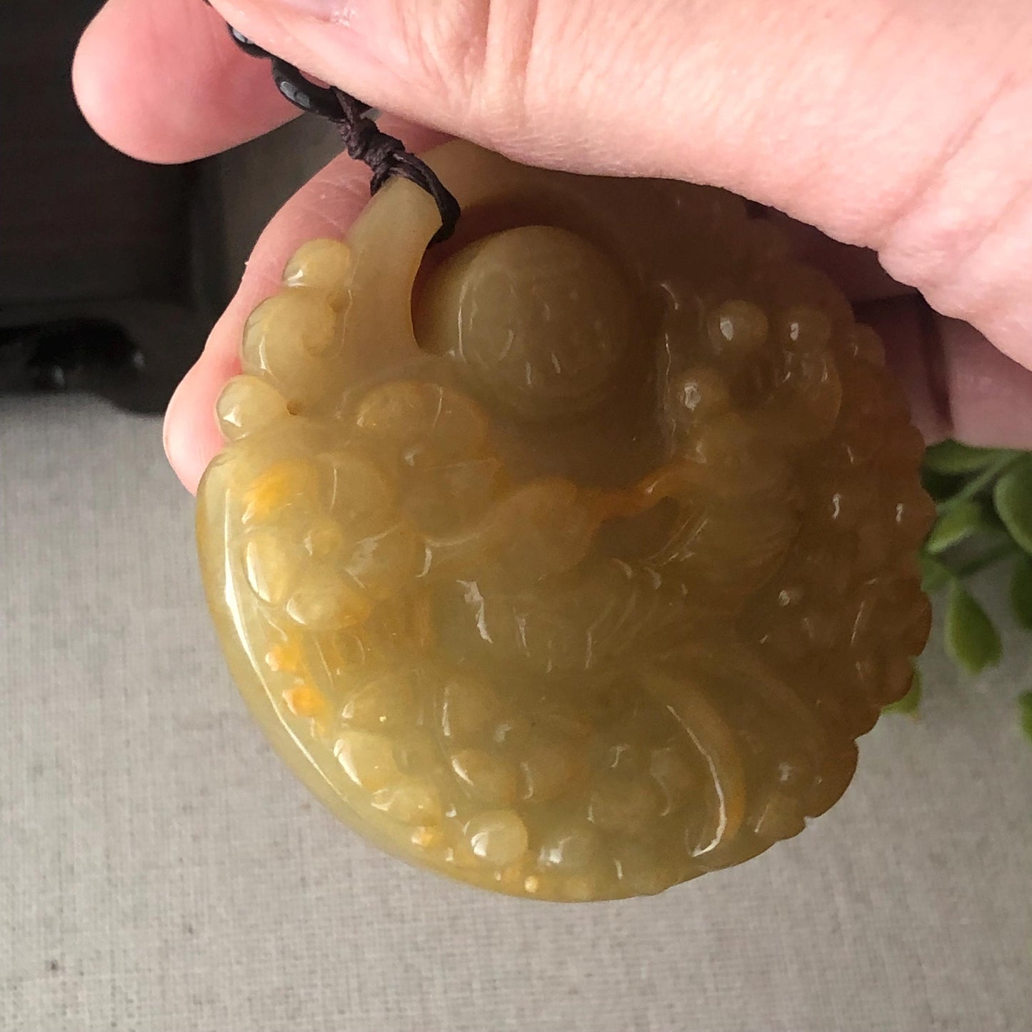 55 mm Icy Yellow Brown Jadeite Jade Carved Flower Phoenix Pendant