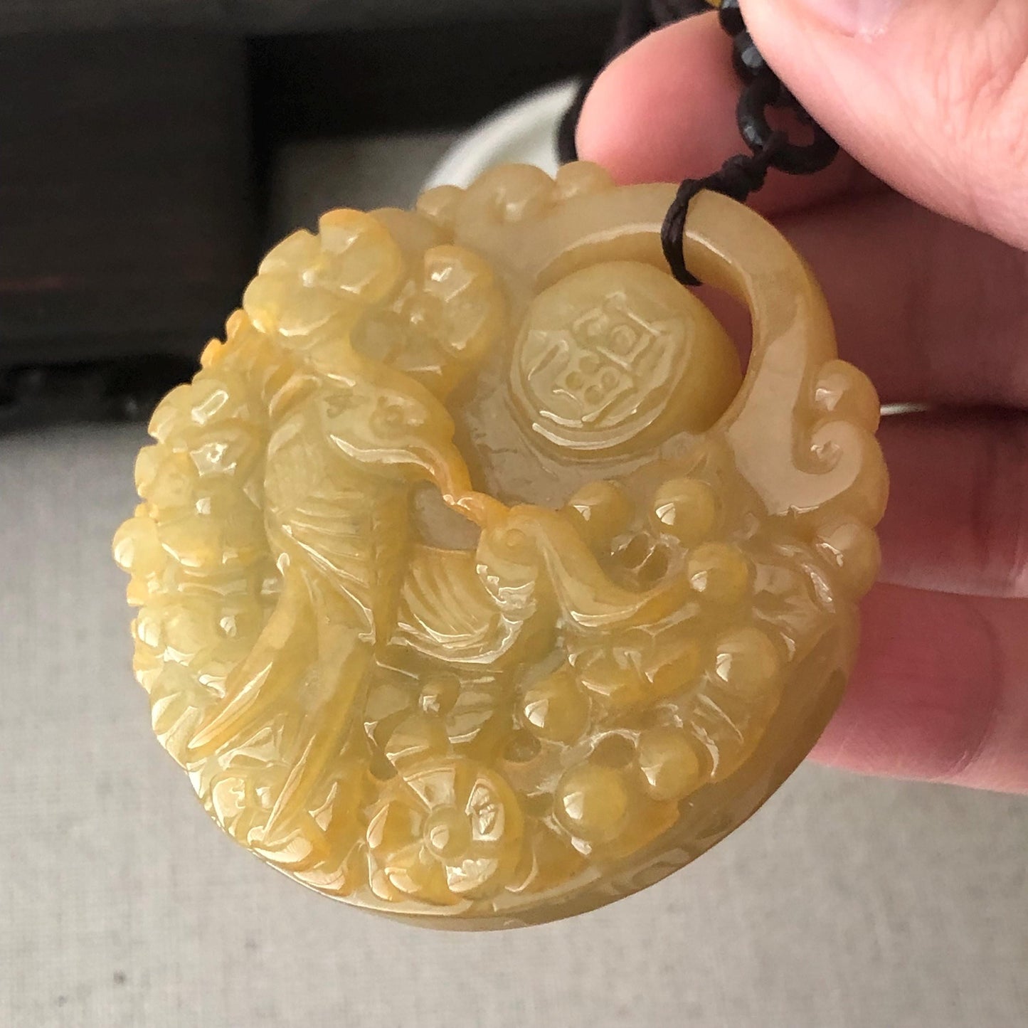55 mm Icy Yellow Brown Jadeite Jade Carved Flower Phoenix Pendant
