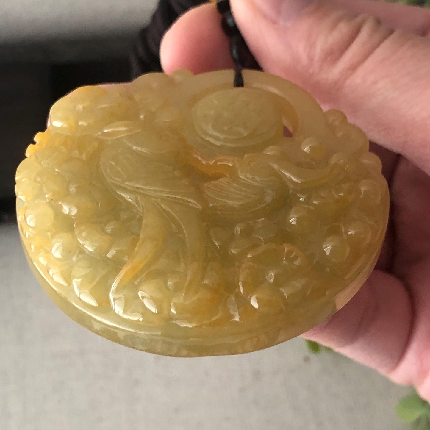 55 mm Icy Yellow Brown Jadeite Jade Carved Flower Phoenix Pendant