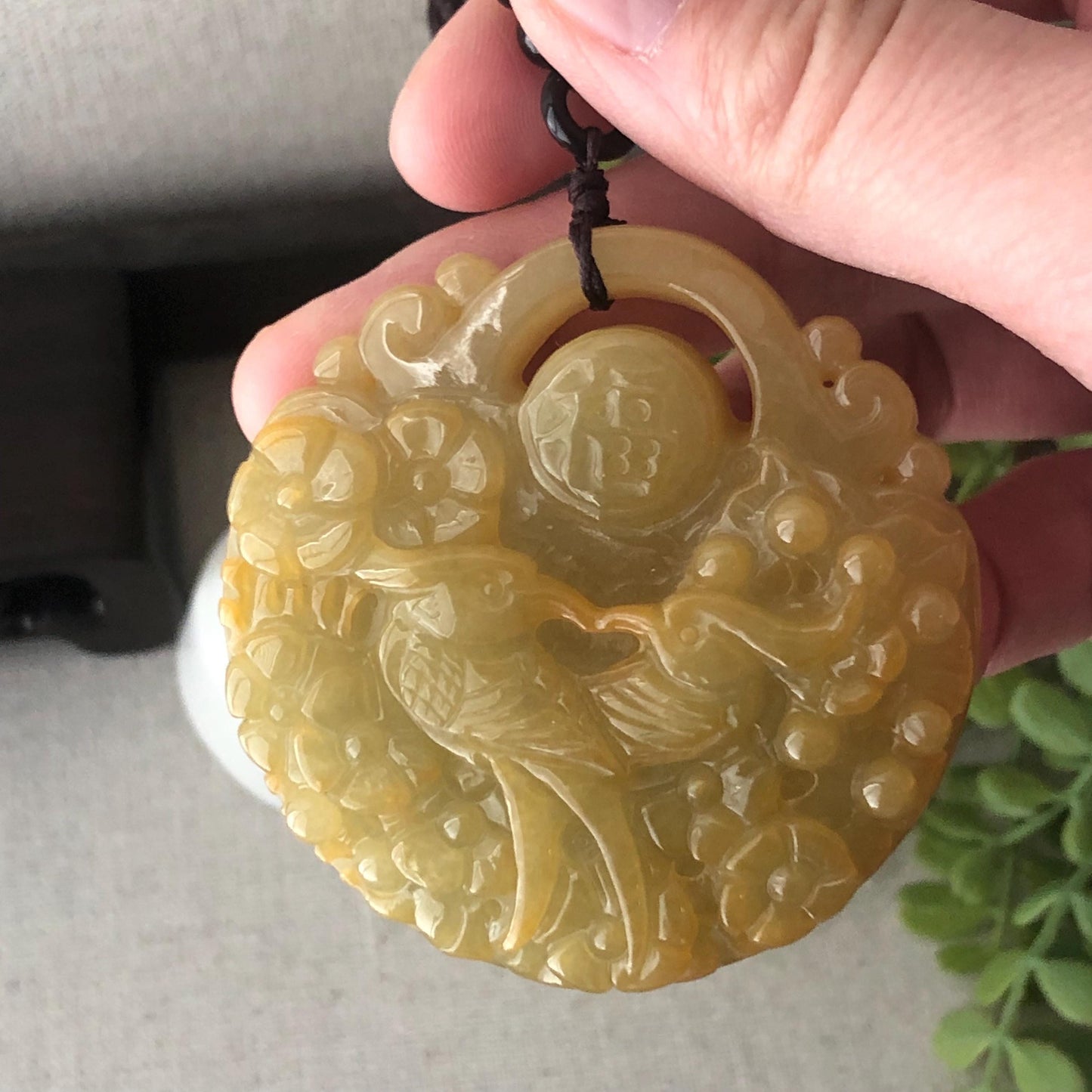 55 mm Icy Yellow Brown Jadeite Jade Carved Flower Phoenix Pendant