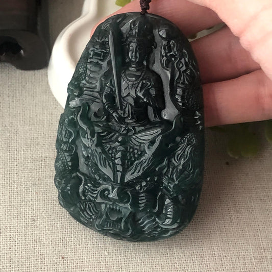 70 mm Icy Glossy Blue Green Guatemalan Jade Guanyin Dragon Pendant