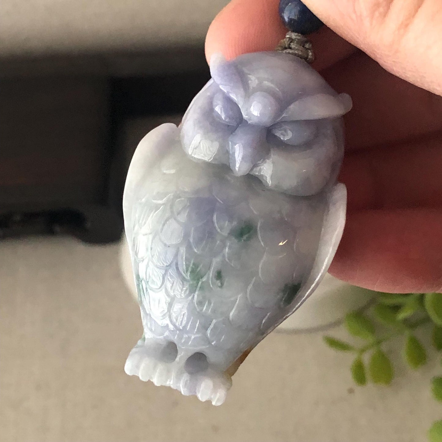 48.5mm Jadeite Jade Lavender Green Float Flowers Carved Owl Pendant