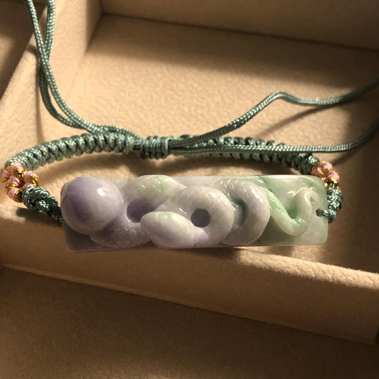 50mm Carved Snake Lavender Green Jadeite Jade Tie Knot Rope Bracelet Adjustable Size