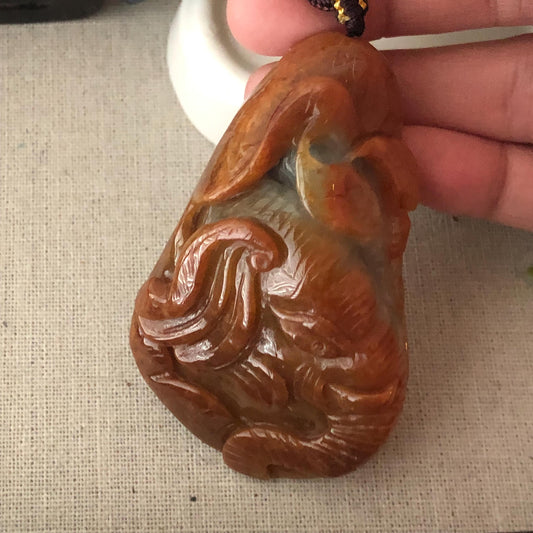 72.7mm Red Brown Jadeite Jade Carved Elephant Pendant