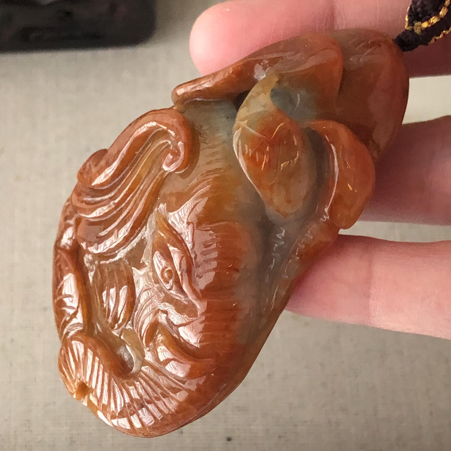 72.7mm Red Brown Jadeite Jade Carved Elephant Pendant