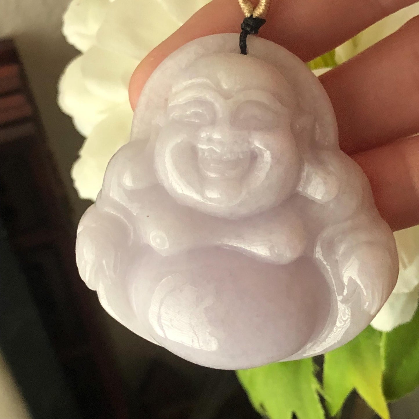 50 mm Light Lavender Jadeite Jade Happy Buddha Pendant