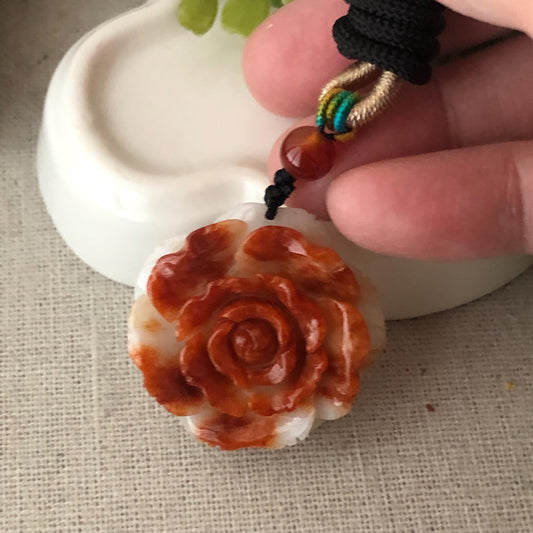 31mm Red Brown White Jadeite Jade Carved Flower Pendant