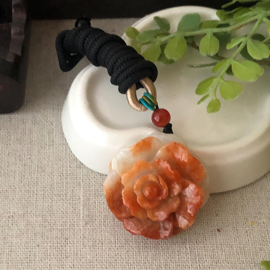 32.7mm Red Brown White Jadeite Jade Carved Flower Pendant