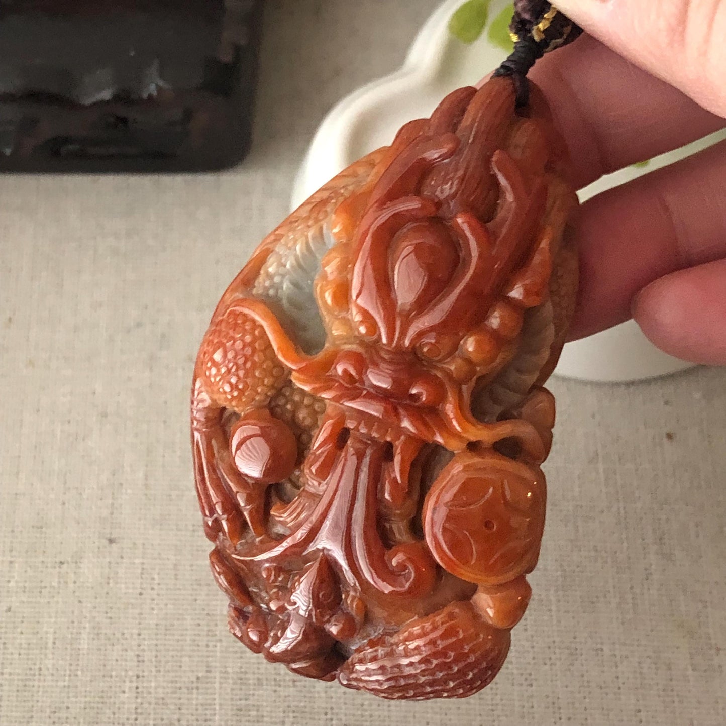 71mm Red Brown Jadeite Jade Carved Dragon Pendant