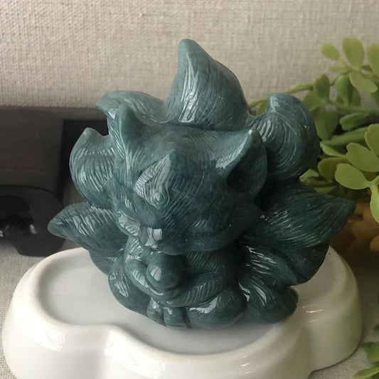 67mm Blue Green Jadeite Jade Carved Foxtail Kitsune Display Statue