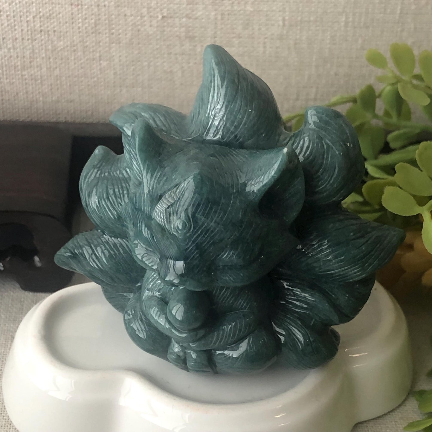 67mm Blue Green Jadeite Jade Carved Foxtail Kitsune Display Statue