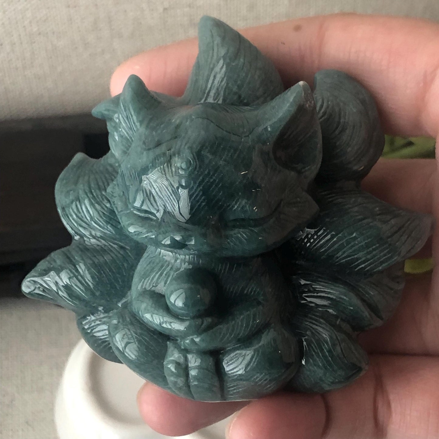 67mm Blue Green Jadeite Jade Carved Foxtail Kitsune Display Statue