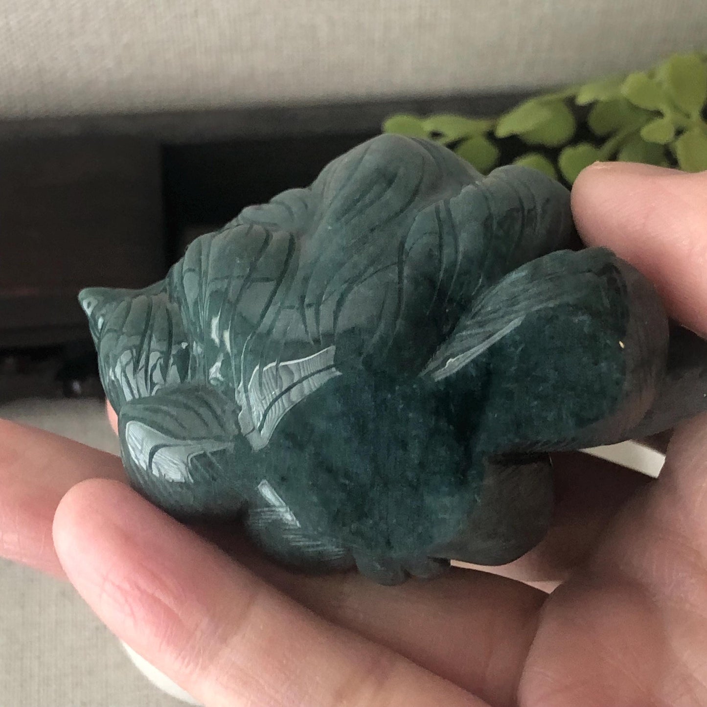67mm Blue Green Jadeite Jade Carved Foxtail Kitsune Display Statue