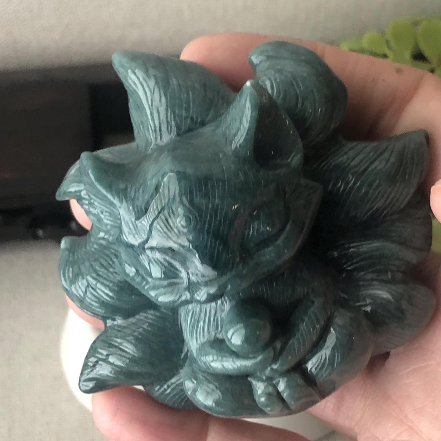 67mm Blue Green Jadeite Jade Carved Foxtail Kitsune Display Statue