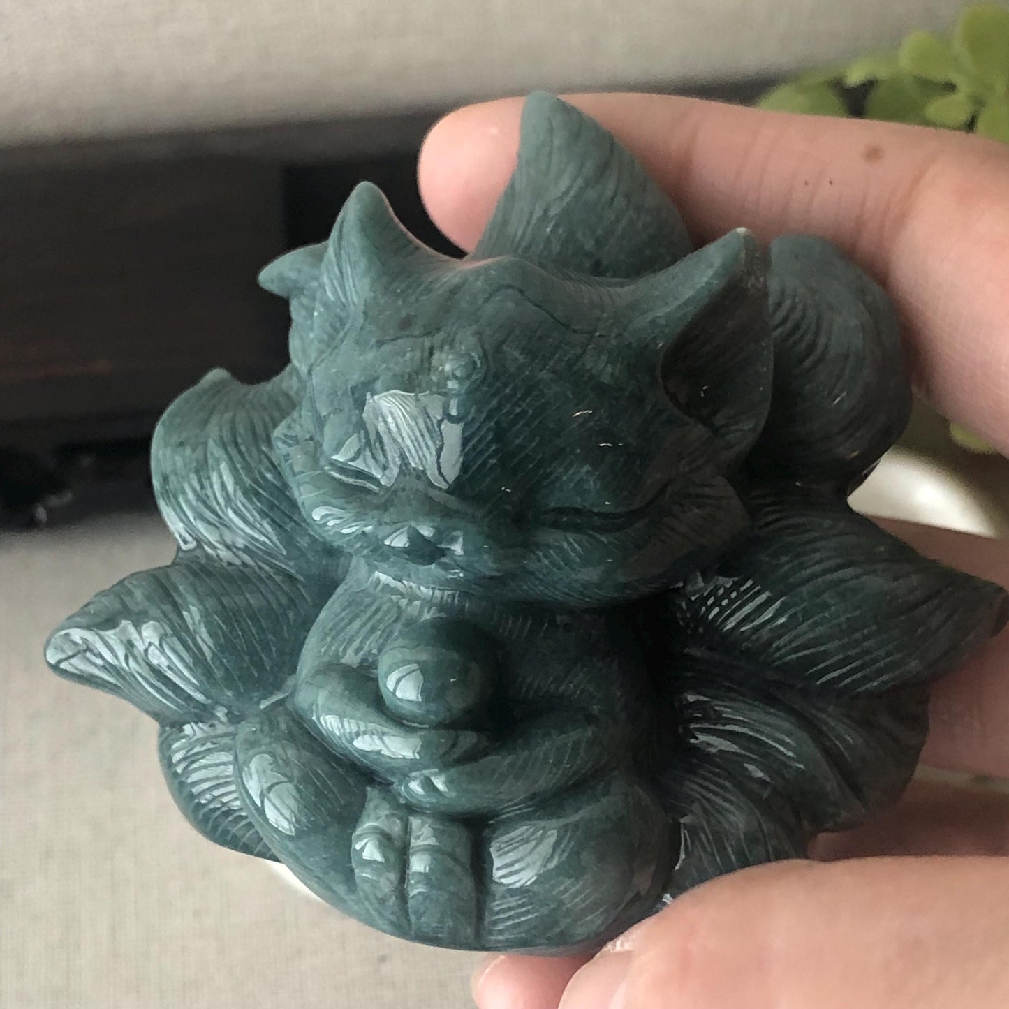 67mm Blue Green Jadeite Jade Carved Foxtail Kitsune Display Statue