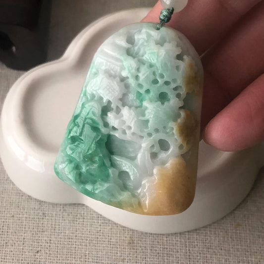 43.5 mm Green Yellow Jadeite Jade Carved Landscape Trees Mountain Pendant