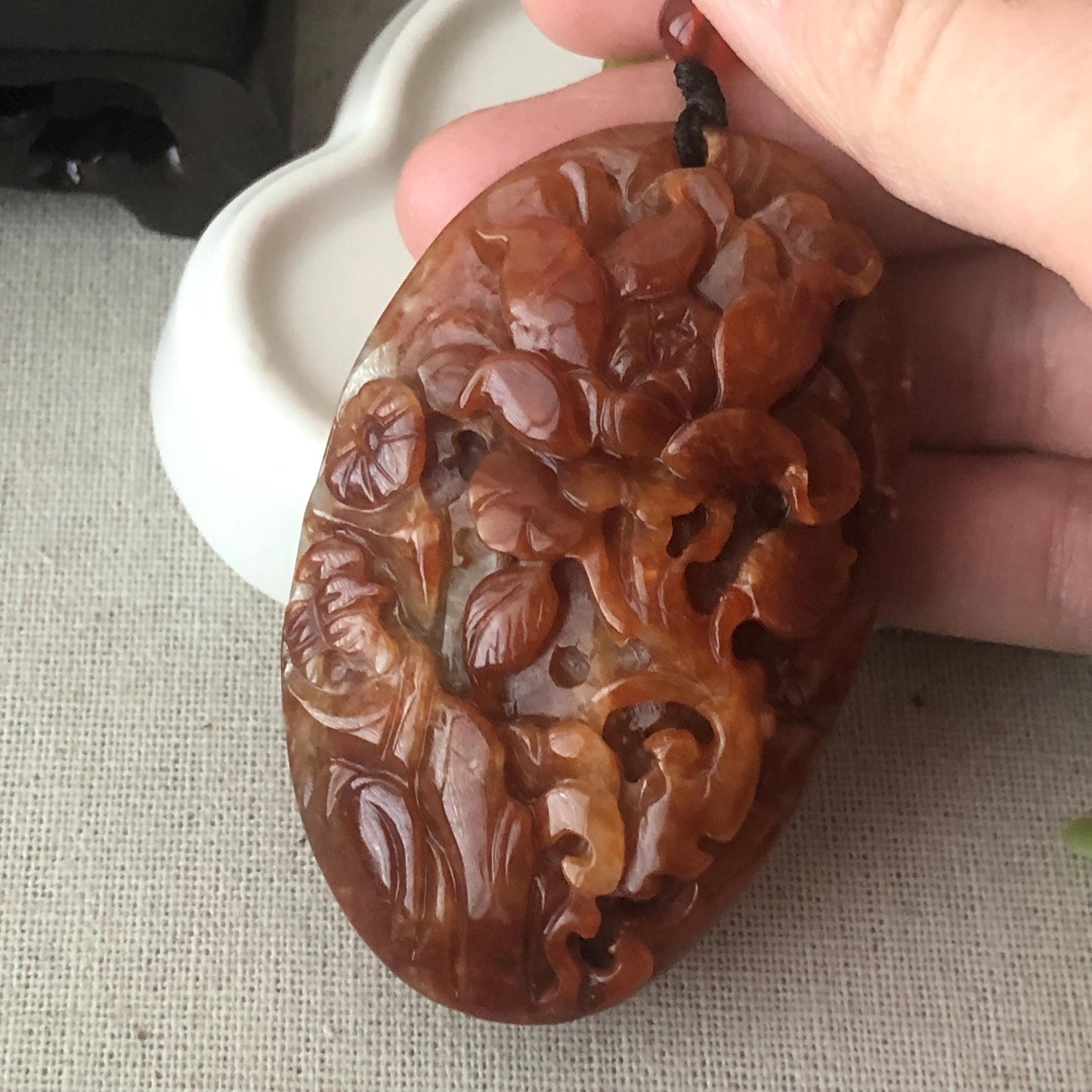 64mm Red Brown Jadeite Jade Carved Flower Landscape Mountain Pendant