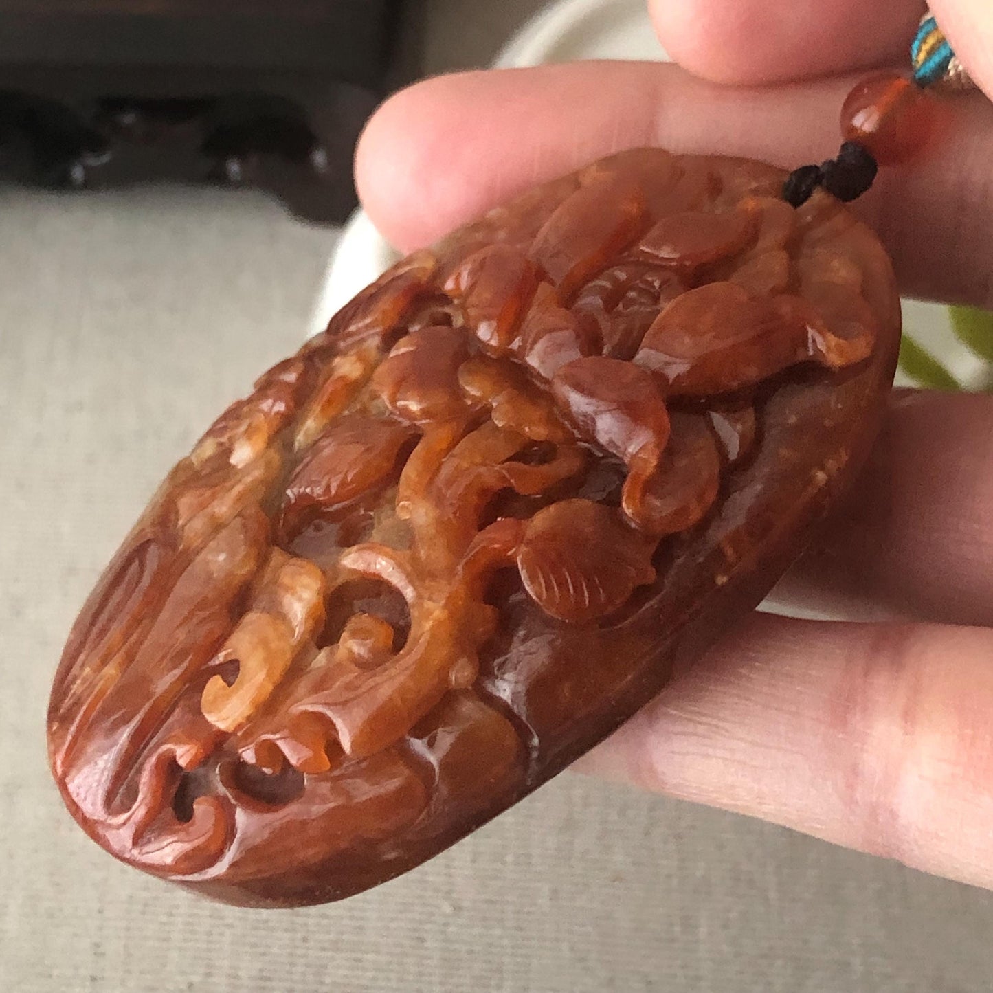 64mm Red Brown Jadeite Jade Carved Flower Landscape Mountain Pendant