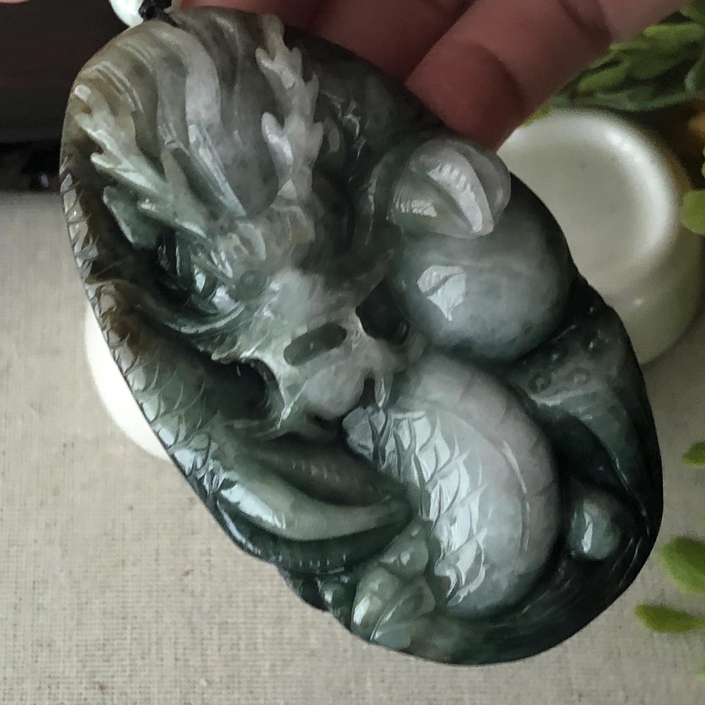 76.7mm Jadeite Jade Wuji Grey White  Carved Dragon Pendant