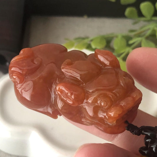 47.8mm Icy Red Brown Jadeite Jade Carved Pixiu Pendant