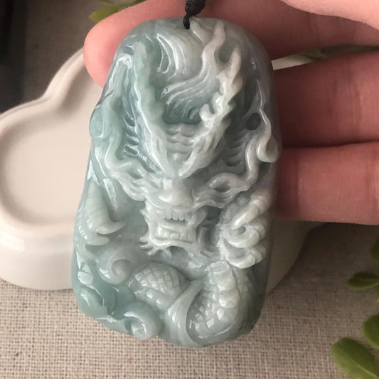 60 mm Jade Jadeite Blue Green carved dragon Pendant