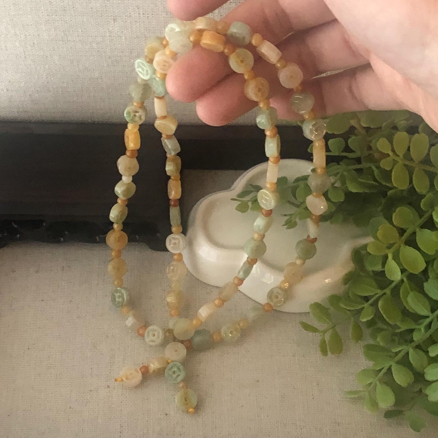 6.8mm Icy Glossy Green Yellow Jadeite Jade Carved Ba Guai Necklace Bracelet