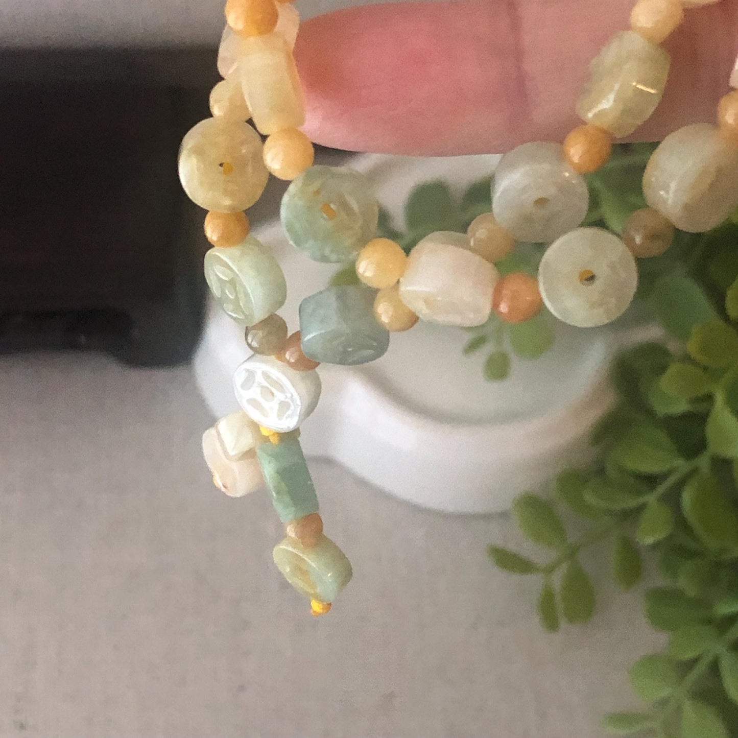 6.8mm Icy Glossy Green Yellow Jadeite Jade Carved Ba Guai Necklace Bracelet