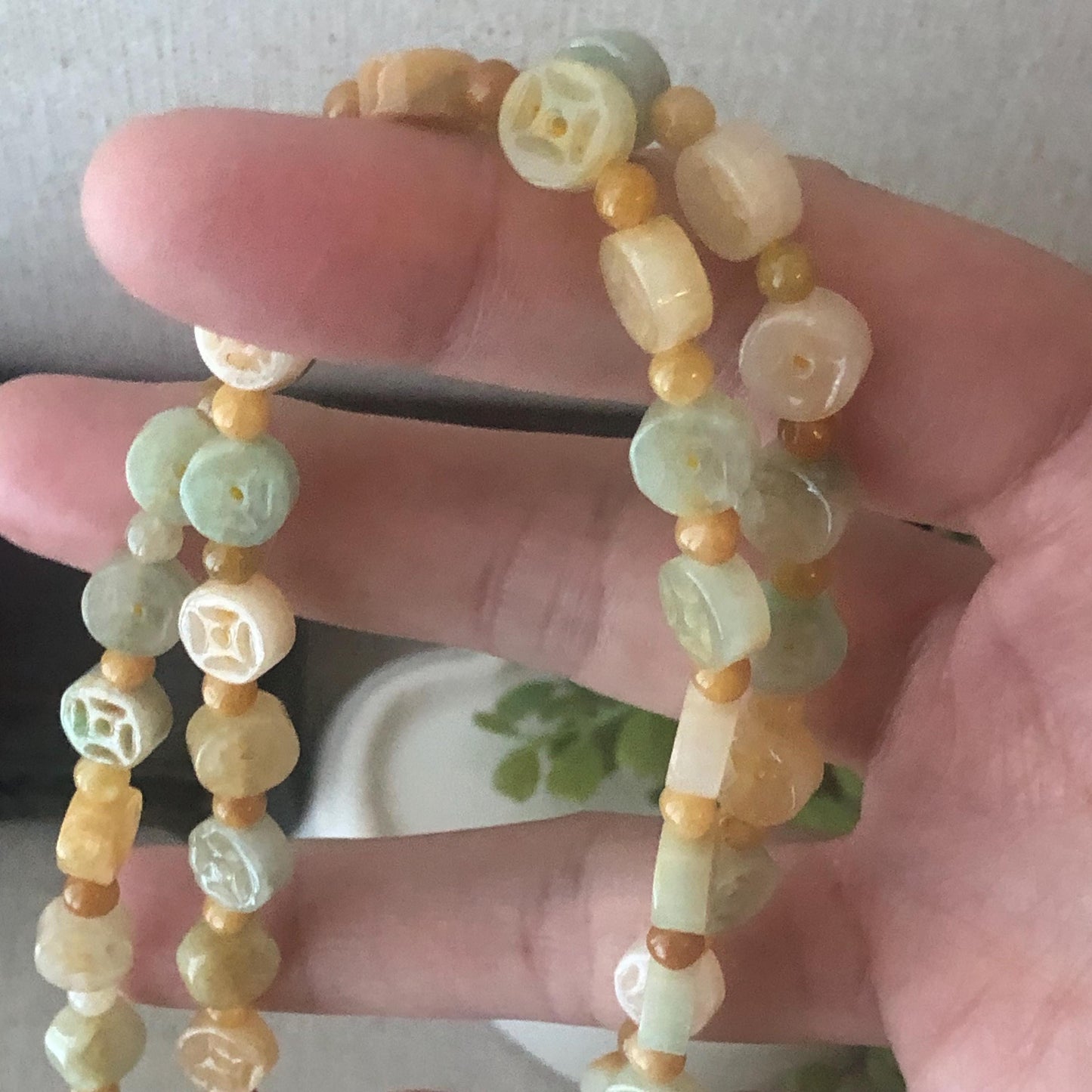 6.8mm Icy Glossy Green Yellow Jadeite Jade Carved Ba Guai Necklace Bracelet
