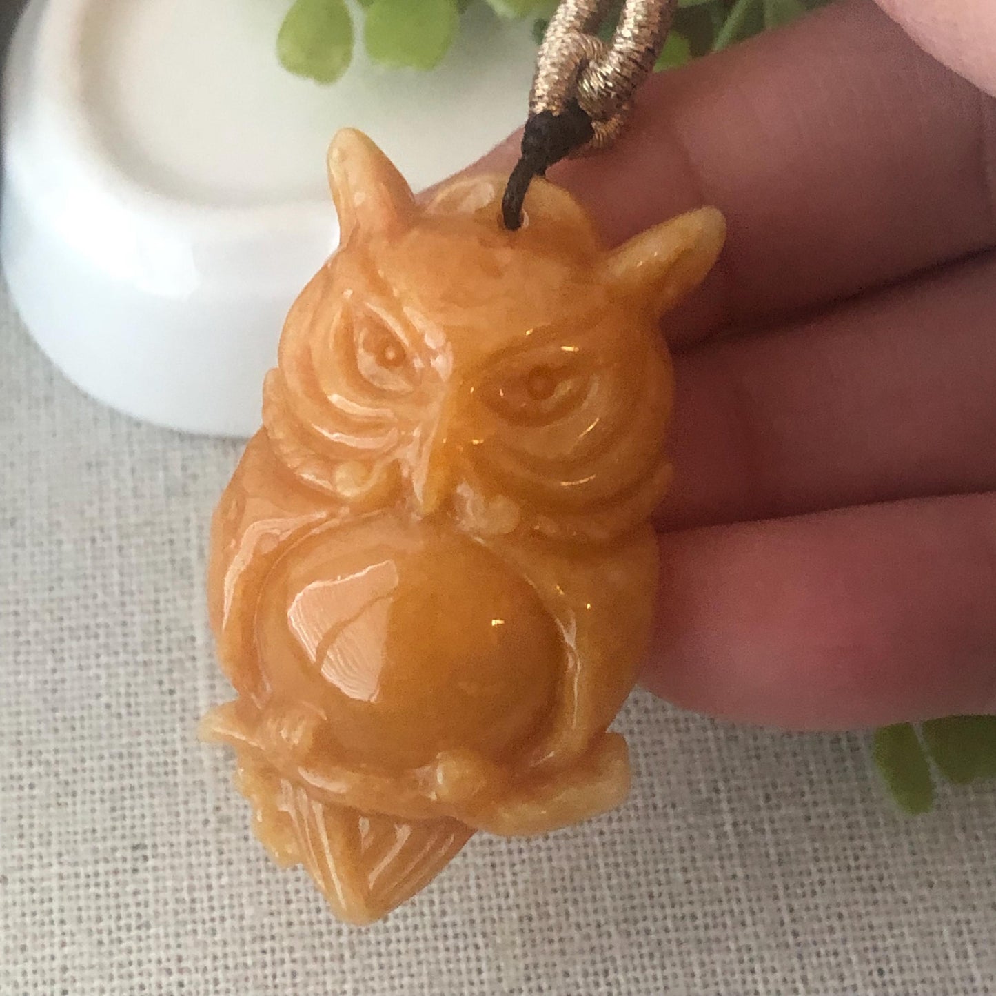42.4 Jadeite Jade Yellow Brown Carved Owl Pendant Charm