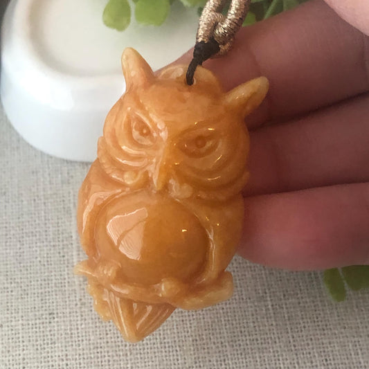 42.4 Jadeite Jade Yellow Brown Carved Owl Pendant Charm