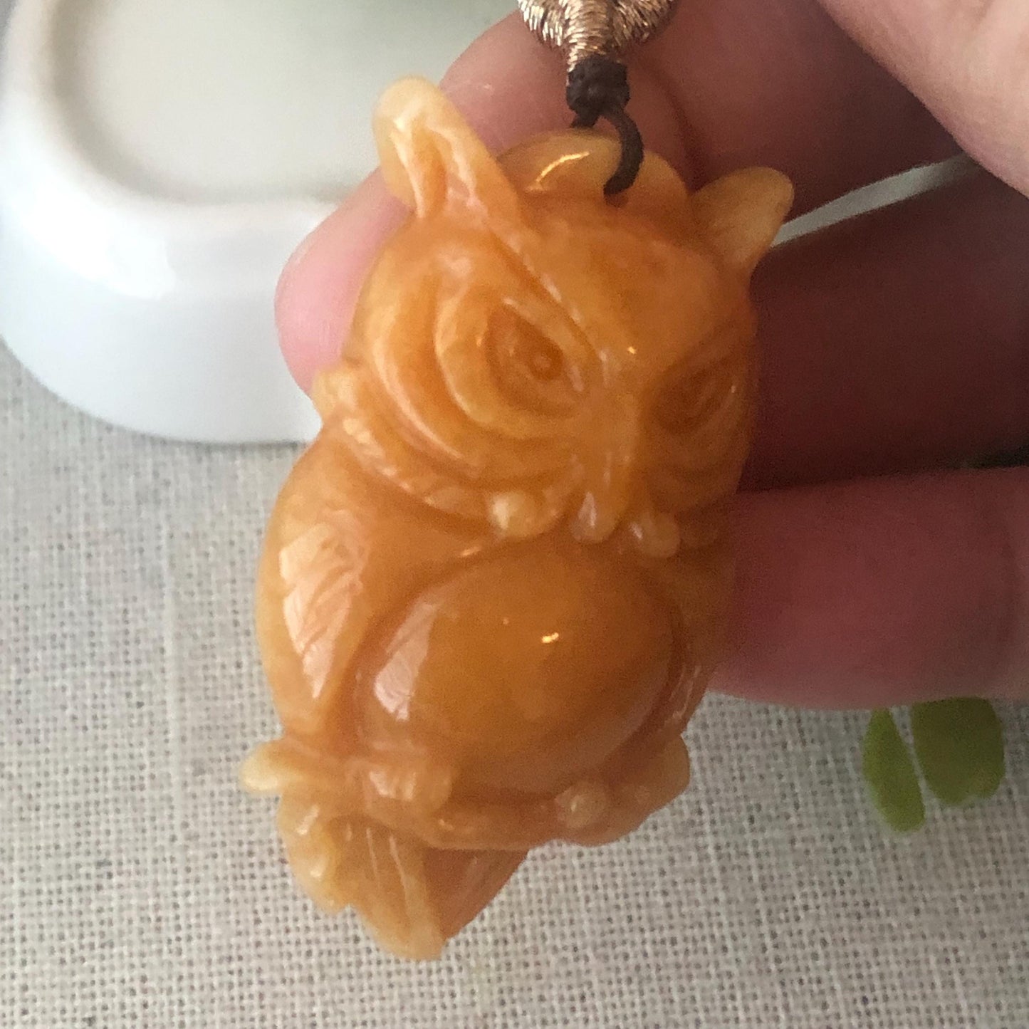 42.4 Jadeite Jade Yellow Brown Carved Owl Pendant Charm
