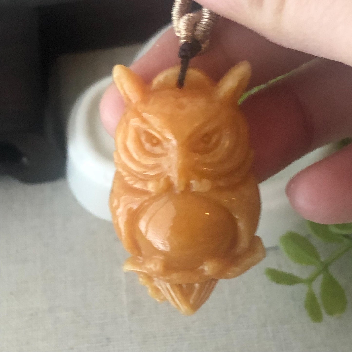 42.4 Jadeite Jade Yellow Brown Carved Owl Pendant Charm