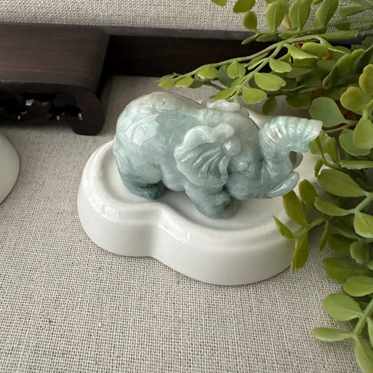 51.2mm Green Float Flowers Jadeite Jade Carved Elephant Statue Display