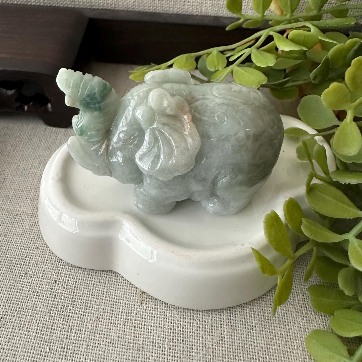 51.2mm Green Float Flowers Jadeite Jade Carved Elephant Statue Display