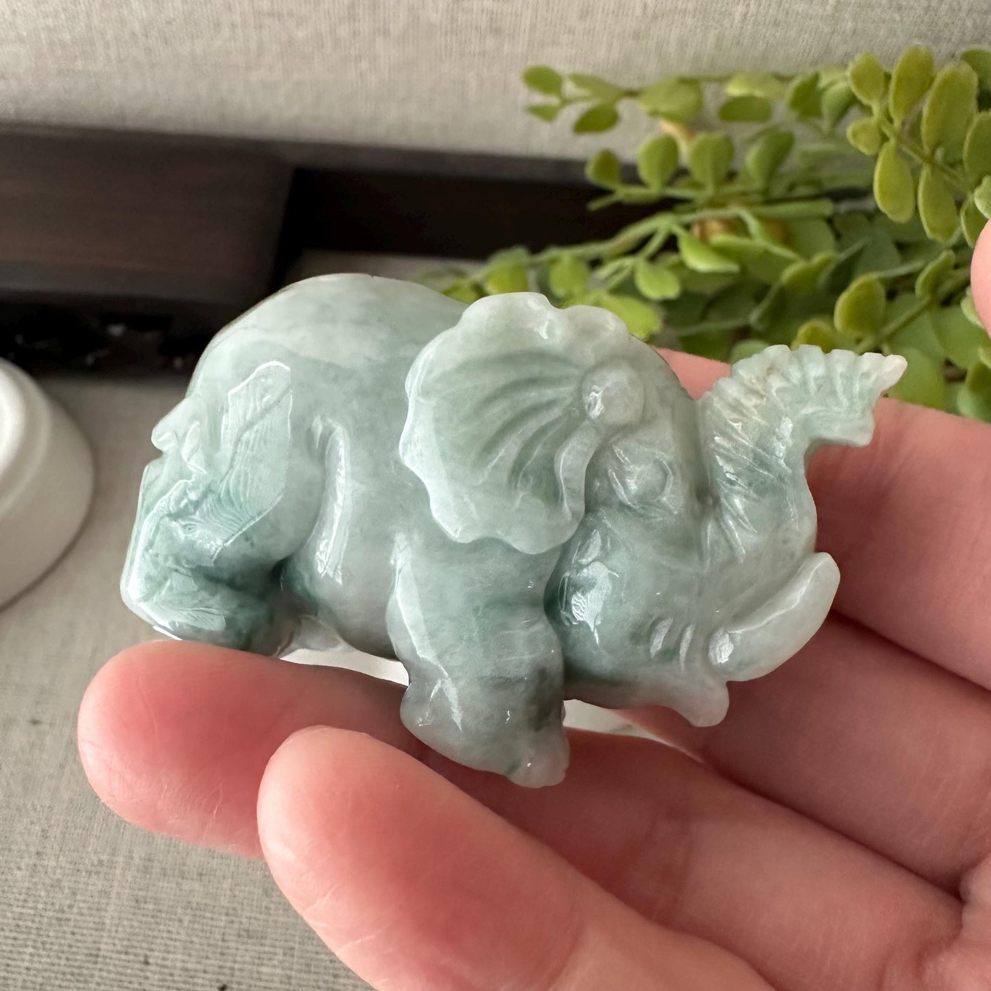 51.2mm Green Float Flowers Jadeite Jade Carved Elephant Statue Display