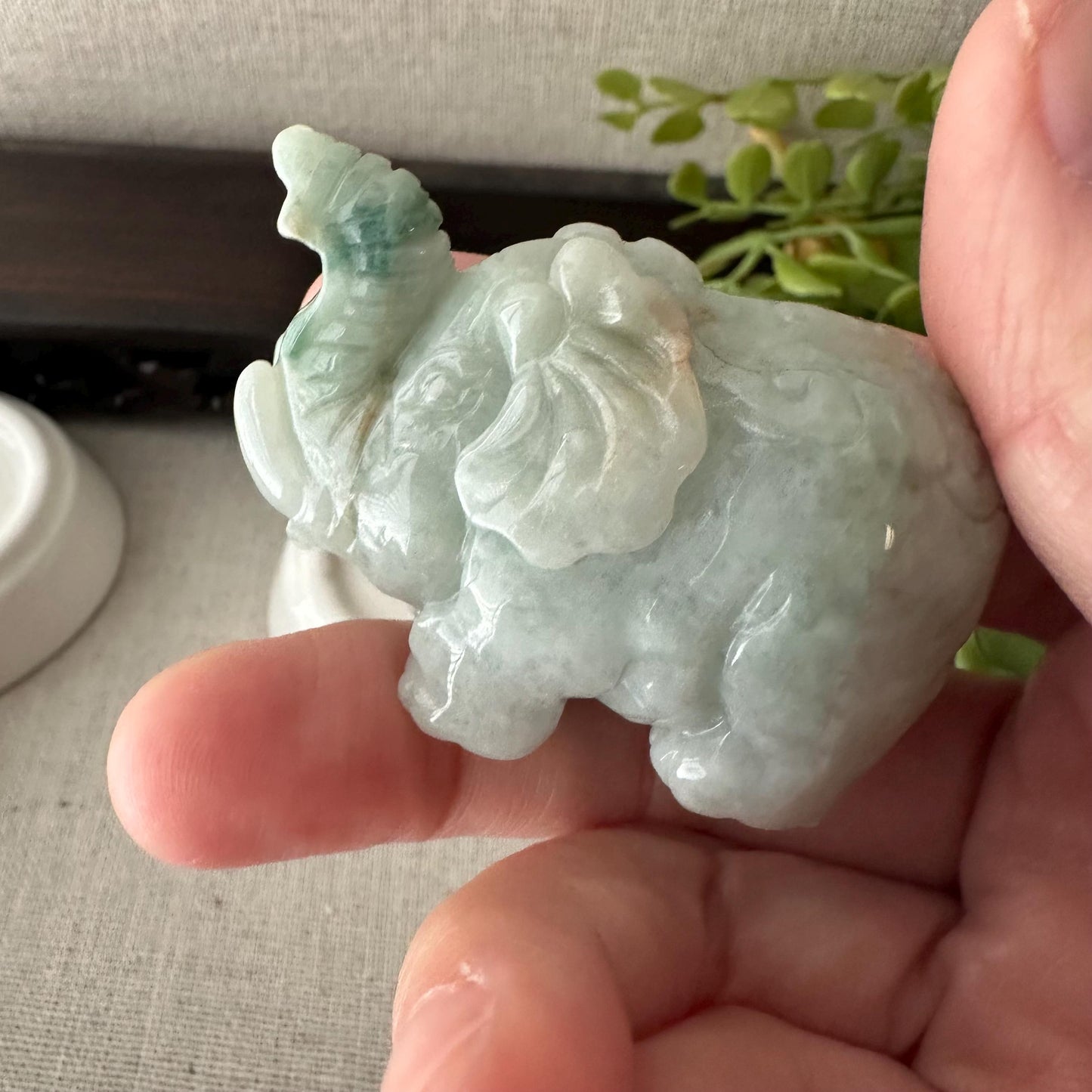 51.2mm Green Float Flowers Jadeite Jade Carved Elephant Statue Display