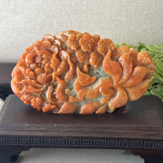 115mm Red Brown Jadeite Jade Carved Flower Kitsune Fox Tail Statue Display