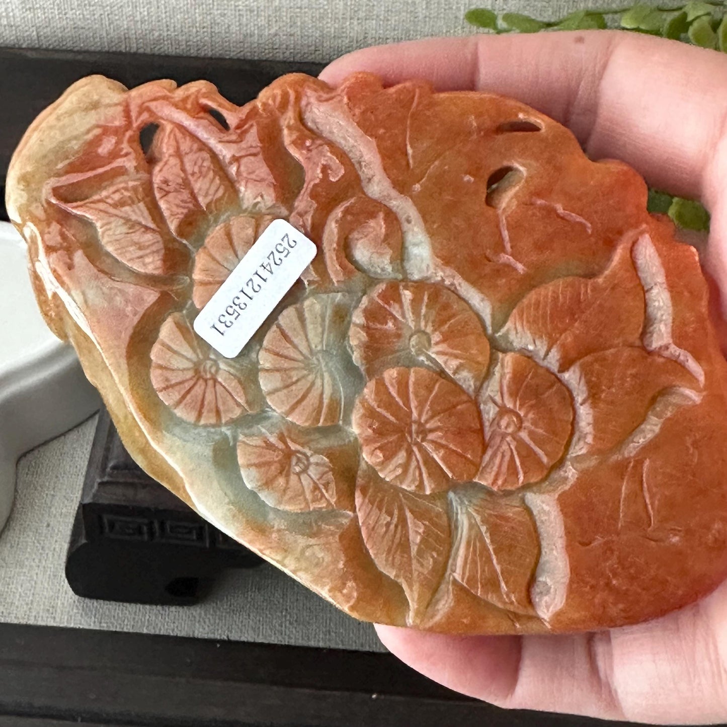 115mm Red Brown Jadeite Jade Carved Flower Kitsune Fox Tail Statue Display