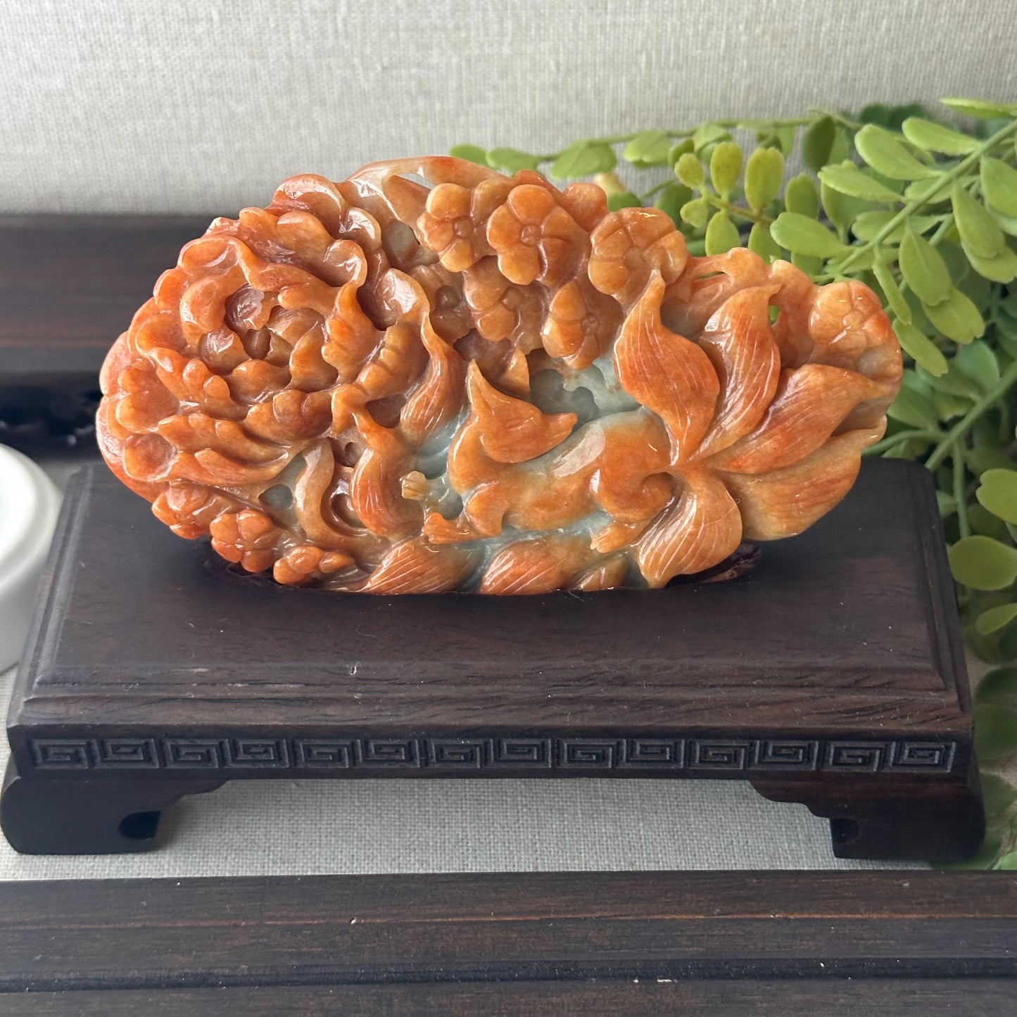 115mm Red Brown Jadeite Jade Carved Flower Kitsune Fox Tail Statue Display