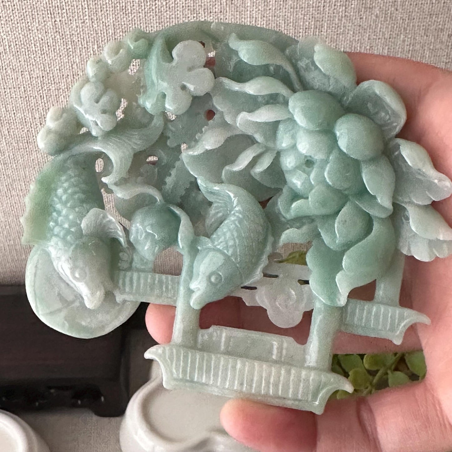 94.3mm Green Jadeite Jade Carved Fish Flower sculpture Statue Display
